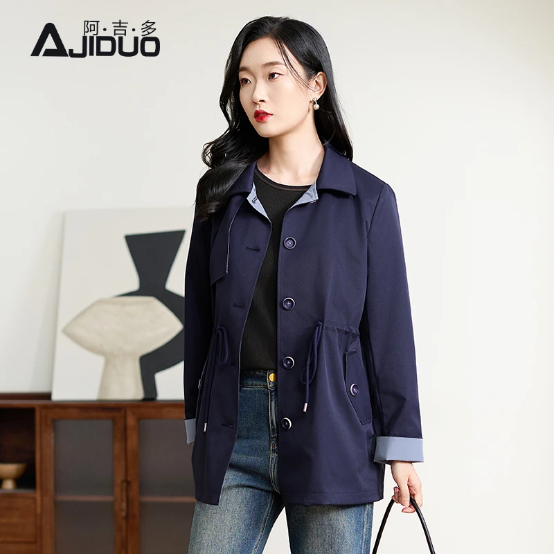 阿吉多长袖外套女2025新款秋季中老年妈妈撞色风衣大码小个子上衣