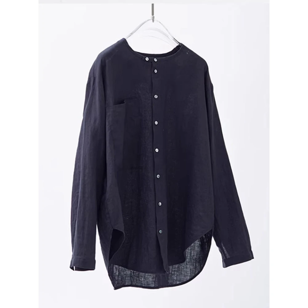 可遇不可求！高端藏青色衬衫女夏季无领贴袋显瘦休闲宽松立领衬衣