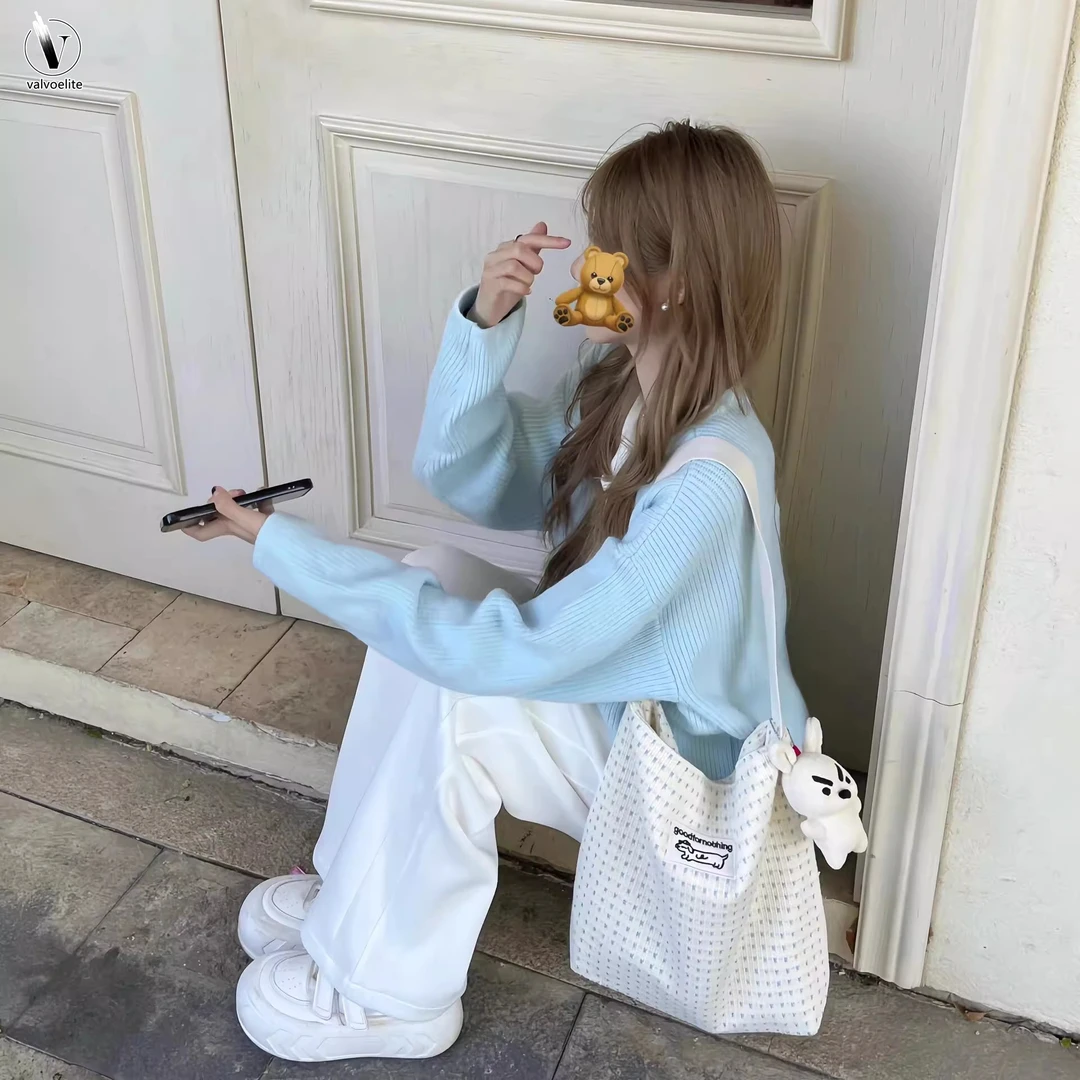 VALVOELITE假两件毛衣女时尚韩系宽松慵懒风V女士V领宽松假两件