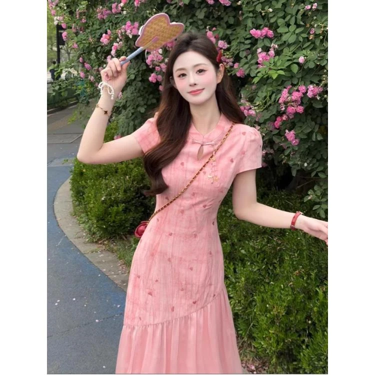 新中式温柔风假两件短袖旗袍连衣裙女2025夏季新款气质收腰长裙子