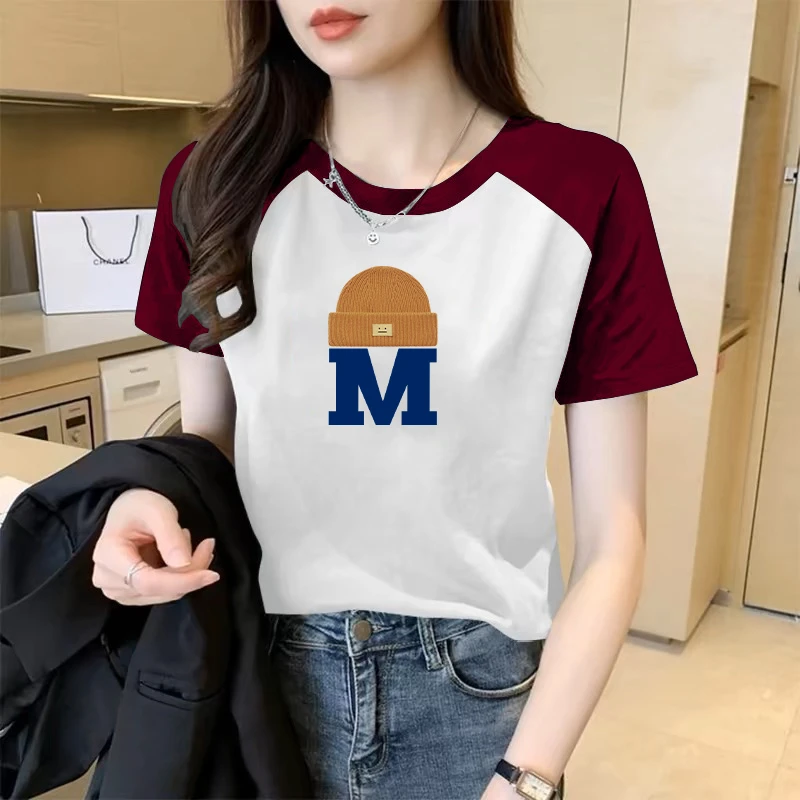 撞色插肩短袖t恤女2025夏季新款修身显瘦字母体恤设计感印花上衣