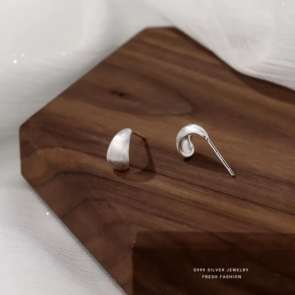 足银耳饰 s999银「拉丝水滴」足银法式简约耳钉冷淡风百搭时尚耳饰