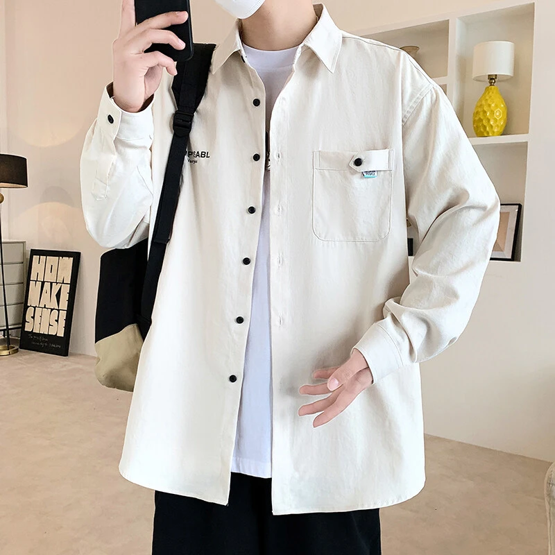 Mexican/稻草人韩版免烫翻领青年港风衬衫春秋纯色长袖上衣男潮流