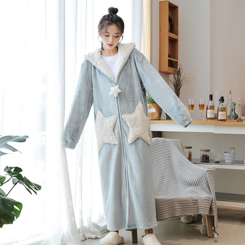 秋冬睡袍女保暖长款孕妇浴袍加绒加厚睡裙情侣款法兰绒懒人睡衣男