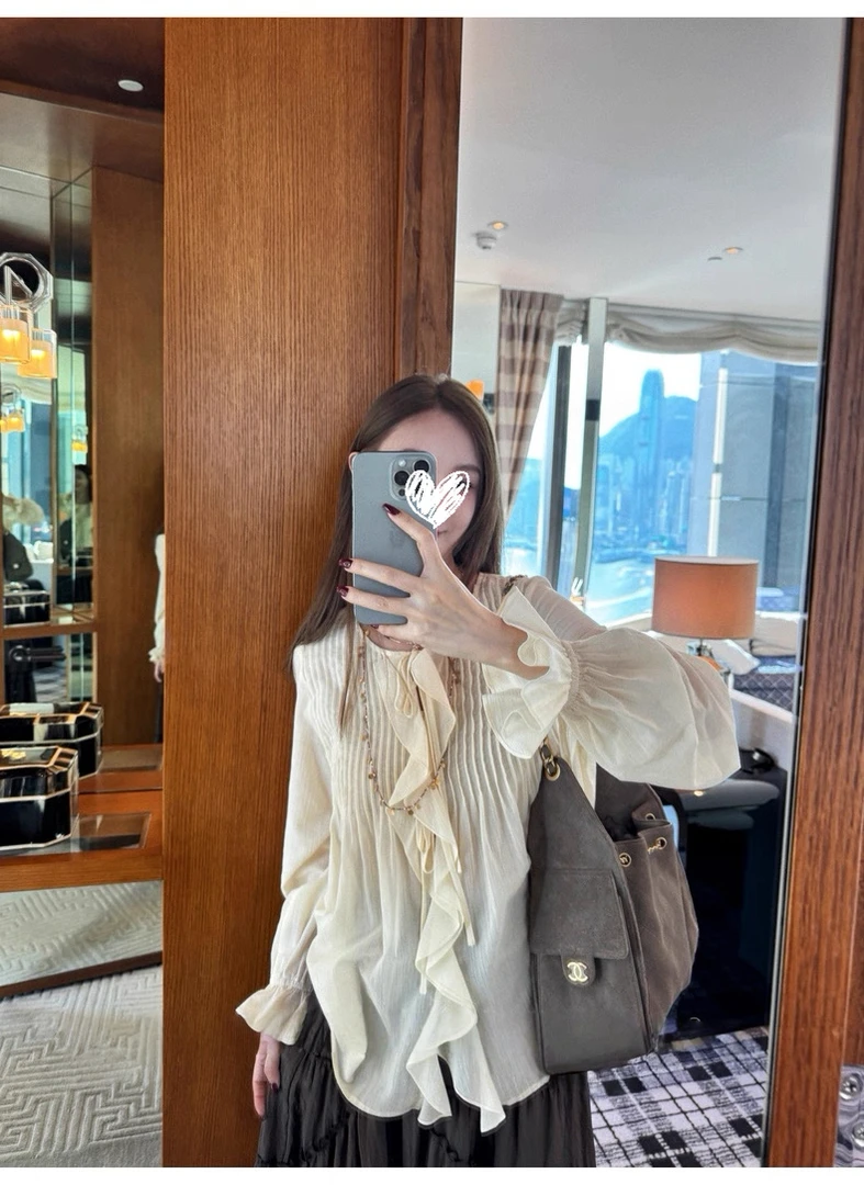 系带荷叶边长袖衬衫设计感早秋气质小众上衣女