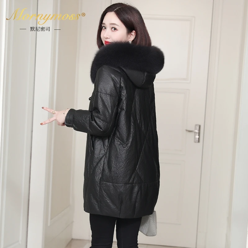 默尼密司品牌真皮羽绒服女冬季新款连帽休闲版白鹅绒绵羊皮外套中