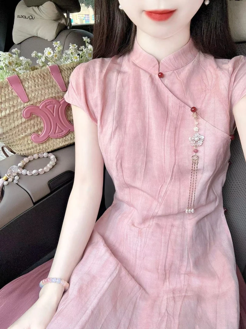 蜜桃色旗袍女宽松直筒春秋2025新款休闲高腰垂感慵懒阔腿裤套装