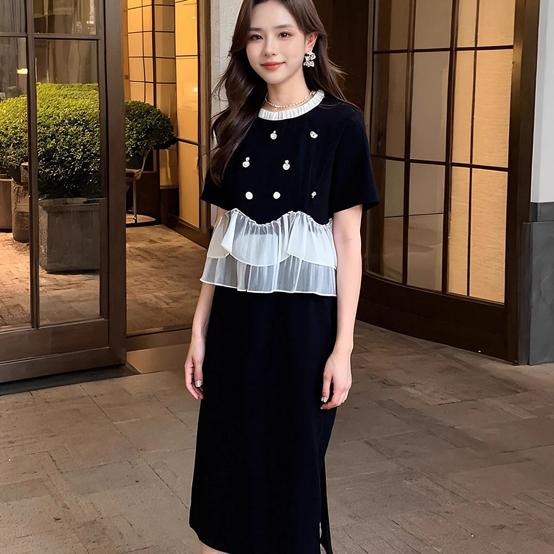 奢姿【梦璃幽静】大码女装夏季显瘦时尚法式赫本风荷叶边气质连衣裙