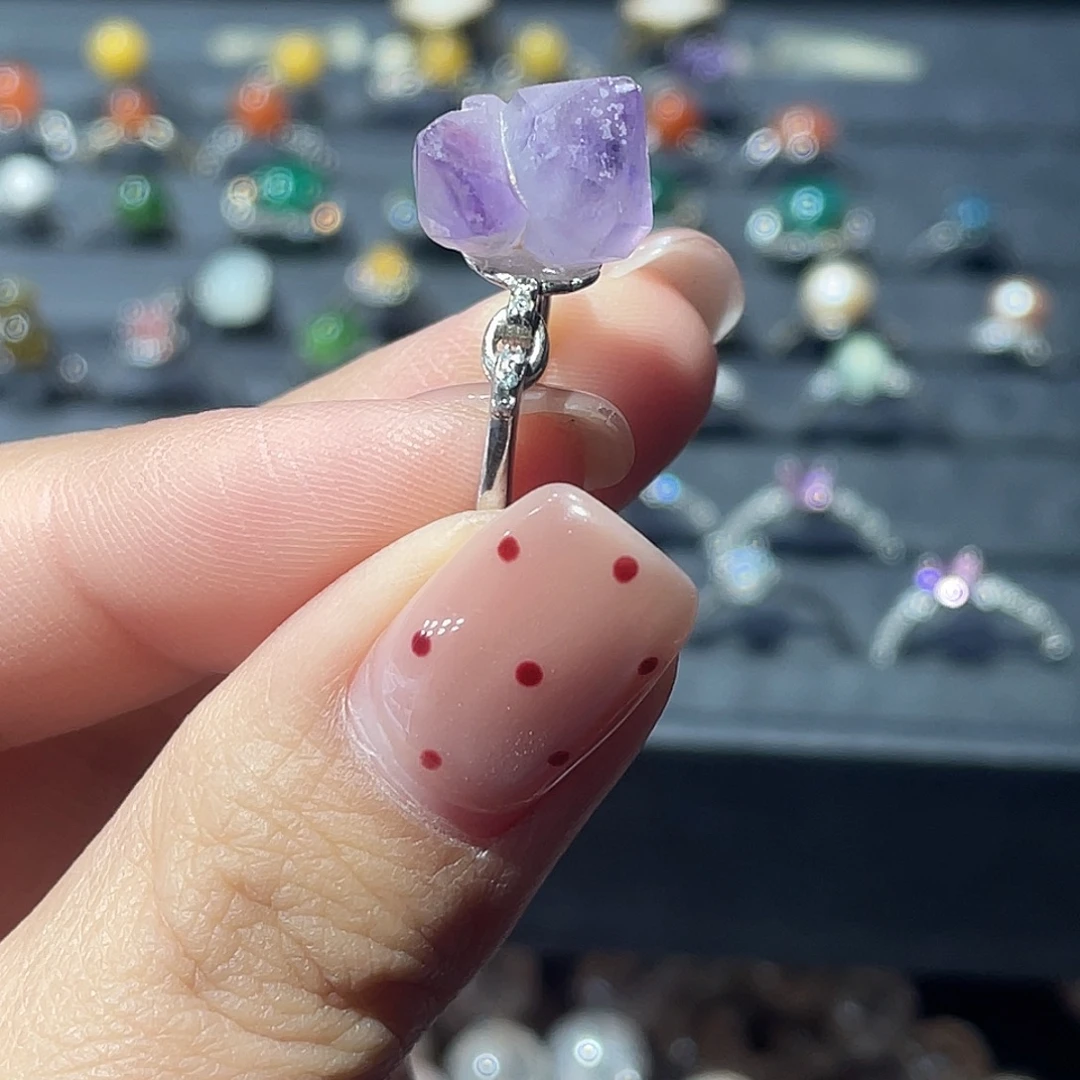 水晶手串未镶嵌紫水晶柱开口银戒指