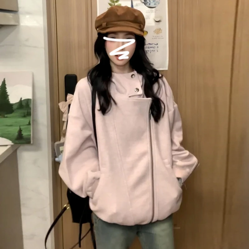 美式复古粉色oversize外套女小个子高级感宽松上衣