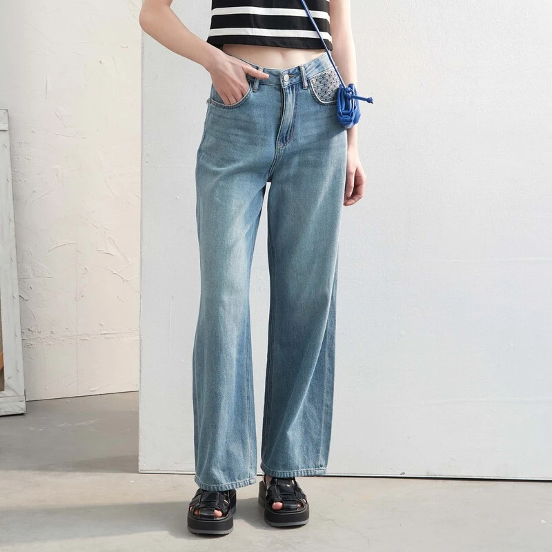 sdeer圣迪奥时尚气质显瘦复古高腰直筒宽松水洗牛仔裤S24260806