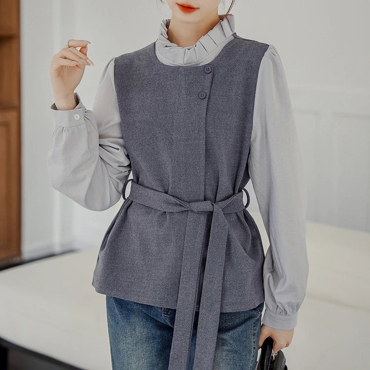 花灰色假两件长袖衬衫女春秋2025秋季新款设计感系带收腰衬衣上衣