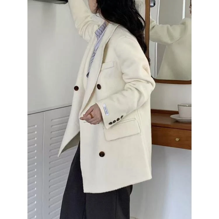 冬季新款潮流气质时尚翻领袖排扣贴标字母显瘦减龄羊绒西装外套-N