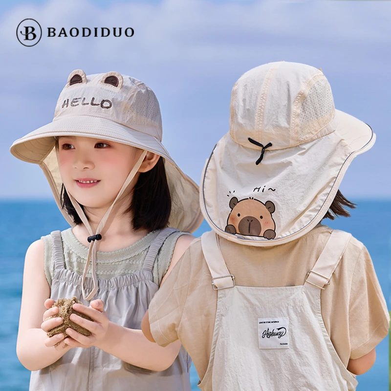 儿童夏季披肩帽男女童大檐网眼遮阳防晒渔夫帽宝宝透气沙滩太阳帽