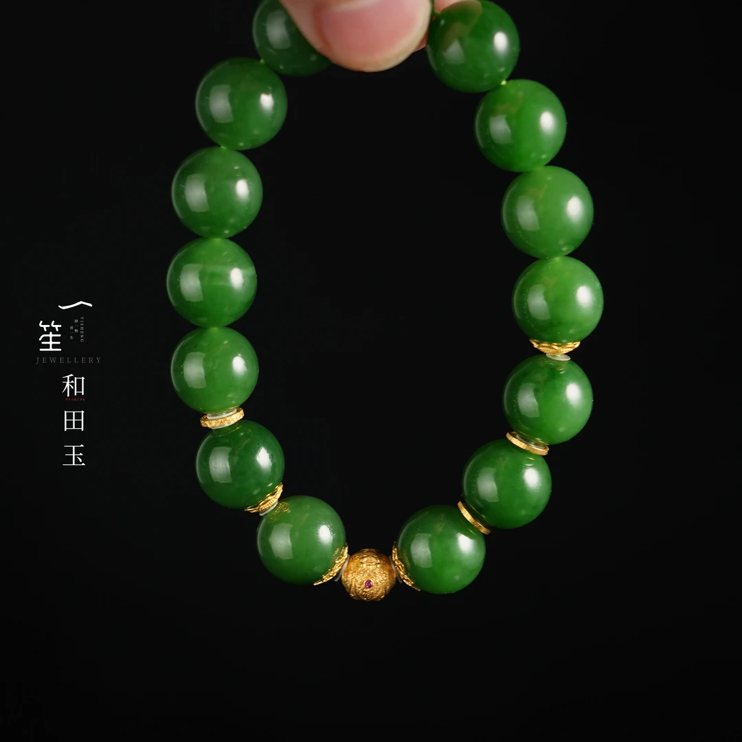 【一笙珠宝】天然和田玉碧玉高色辣阳绿圆珠手串11~12mm DY3412