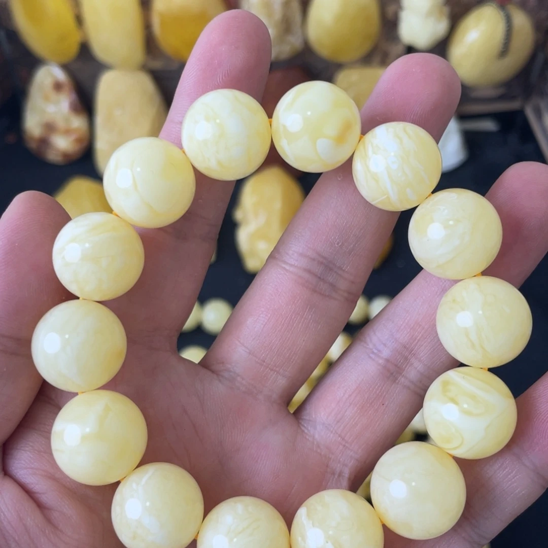 琥珀未镶嵌手串16+俄料妖白花蜡圆珠手串