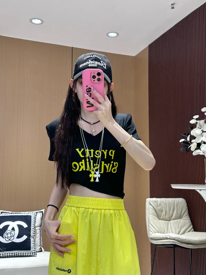 XX8058 【V领印花字母T恤】夏季韩版修身短款上衣时尚休闲显瘦T恤