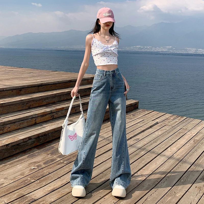 高腰复古阔腿裤牛仔裤女夏季2025年新款宽松显瘦小个子直筒拖地裤