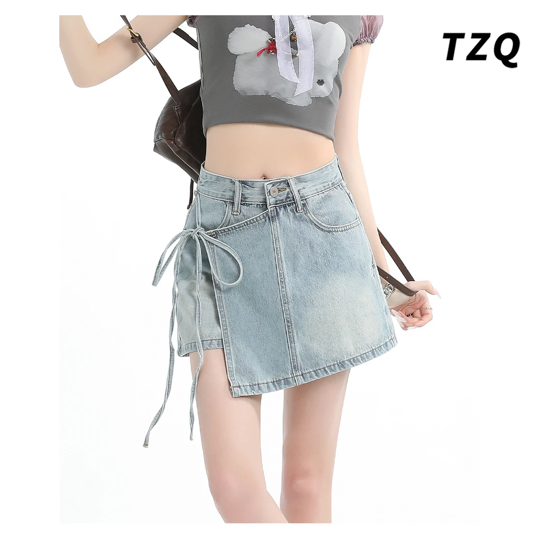 浅蓝色系带假两件牛仔短裤女秋季厚款高腰裤裙显瘦裙裤TZQ2562019