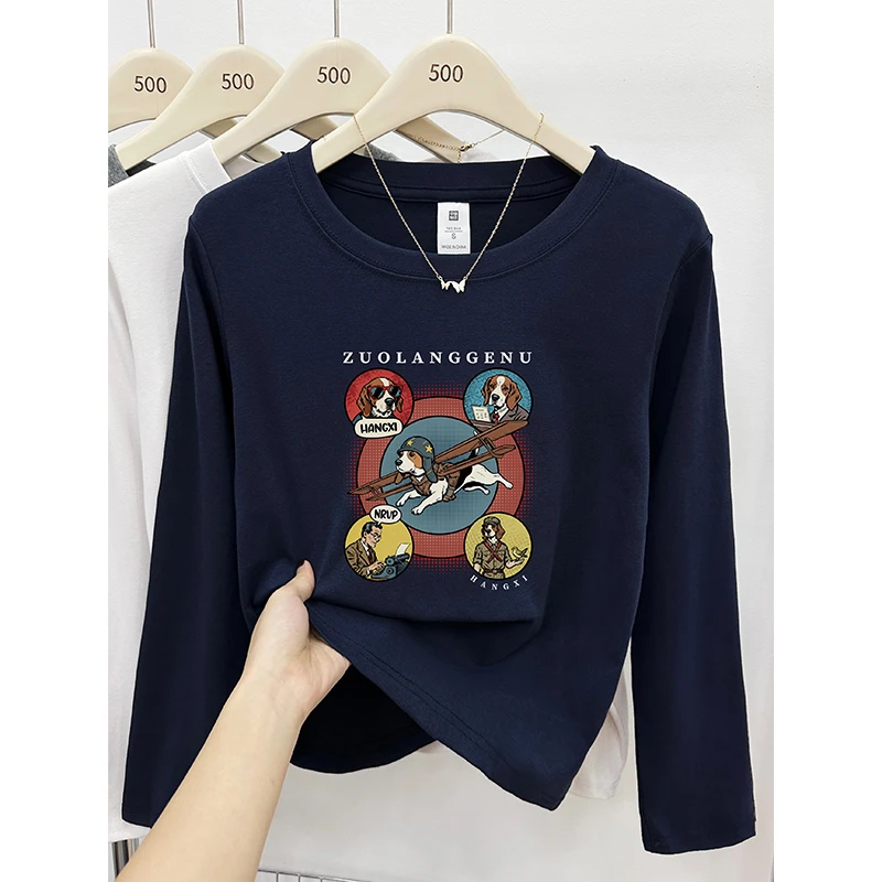 潮牌狗狗印花圆领长袖t恤女秋季新款正肩显瘦大码胖mm打底衫上衣