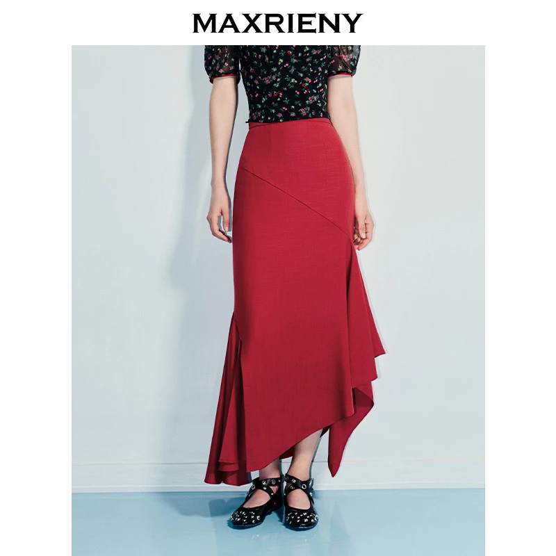 MAXRIENY25年夏季新款樱桃红不规则鱼尾裙高腰显瘦百搭裙子