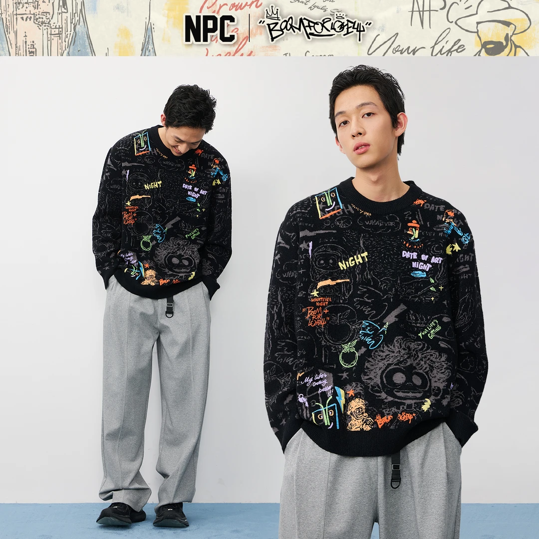 NPC潮牌发泡满印涂鸦圆领针织毛衣男潮流宽松舒适秋新NP57SW53