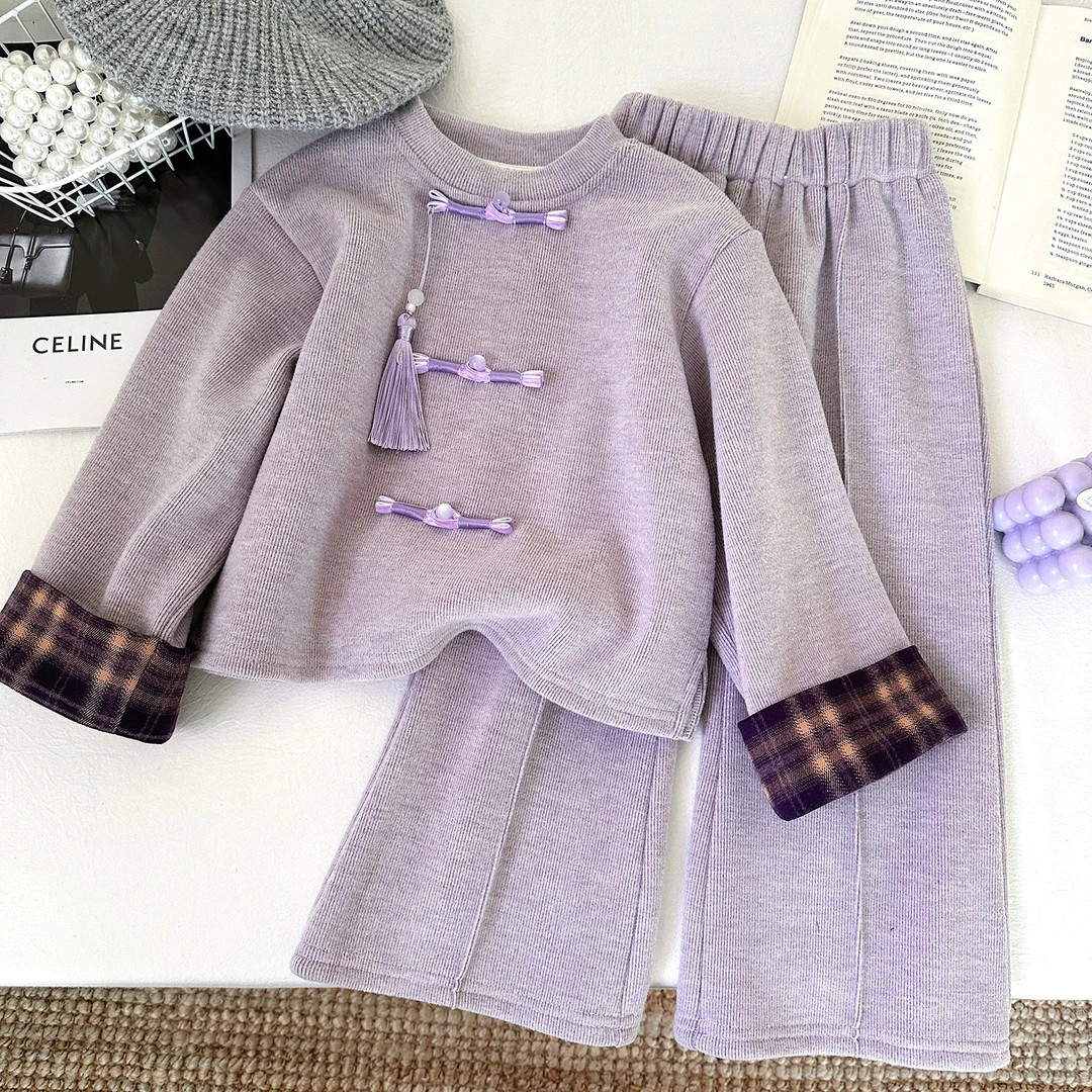 春季加绒新款新中式百搭时尚上衣拼接格子长裤套装D68812