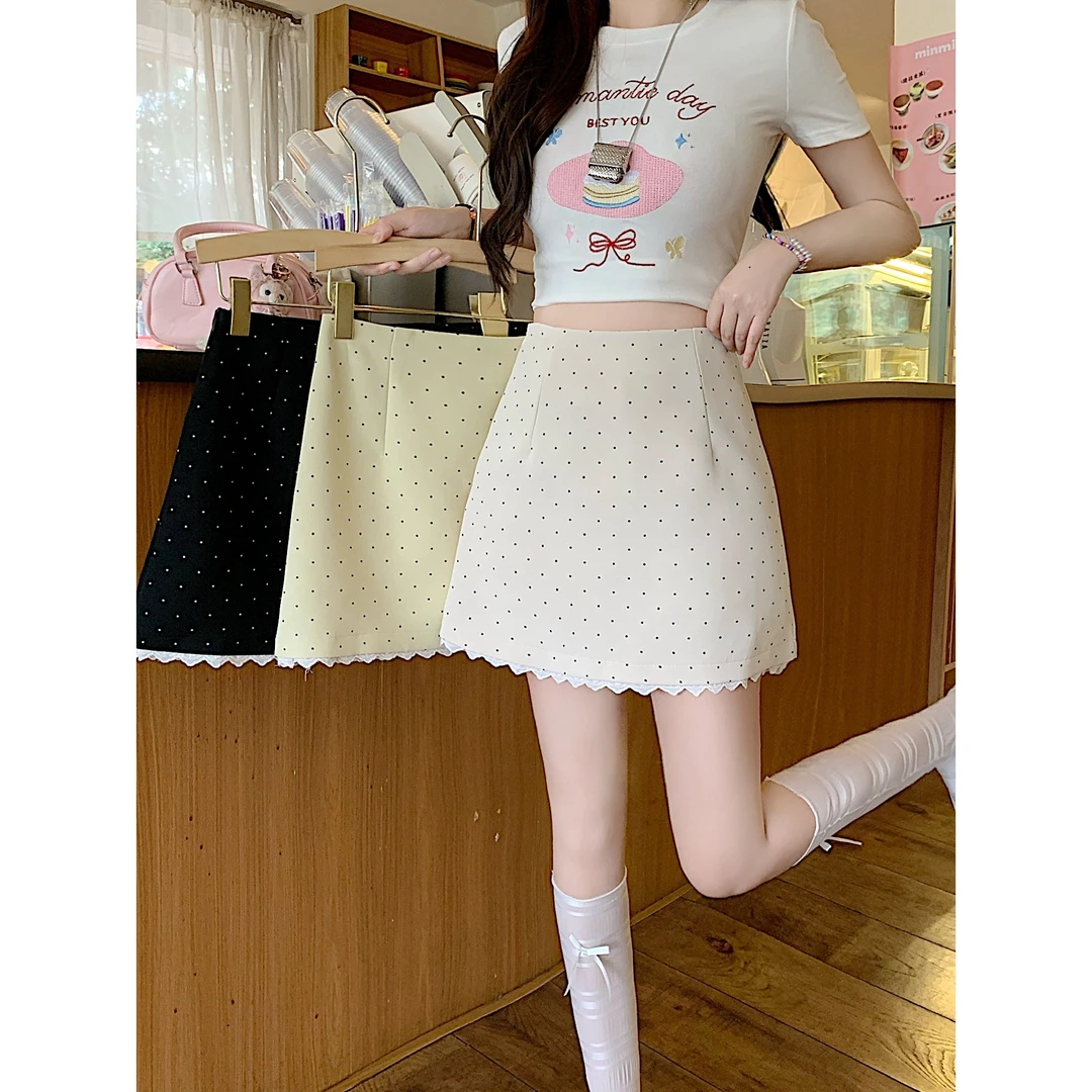 清2025夏装胖mm大码女蕾丝波点短裙高腰包臀辣妹a字半身裙64708