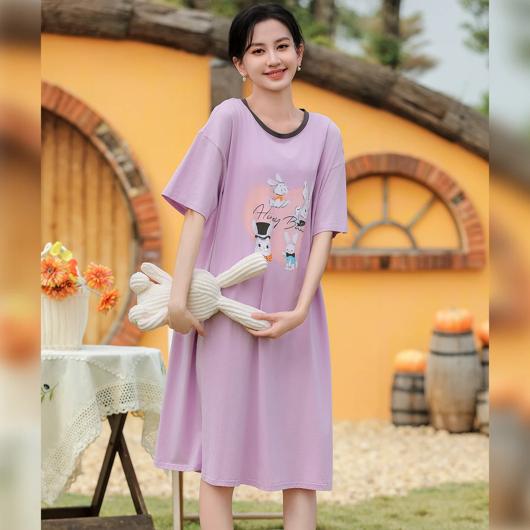 纯棉睡裙女夏季休闲套简约可爱家居服可外穿宽松时尚大码