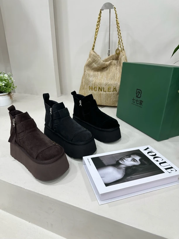 广州欧货【勃肯靴】磨砂皮冬季加绒6厘米侧拉链休闲百搭松糕鞋981-9