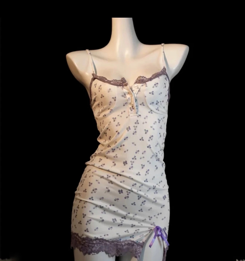 性感辣妹胸垫睡裙性感女睡衣紫色碎花吊带紧身纯欲风午夜套装019