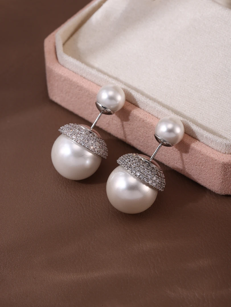 铜合金仿珍珠耳饰 时尚轻奢锆石钻前后耳饰高端气质耳钉-HC2175