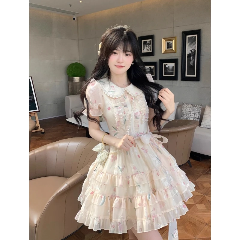 花翎来信 甜美减龄郁金香印花娃娃领多层裙摆连衣裙夏季