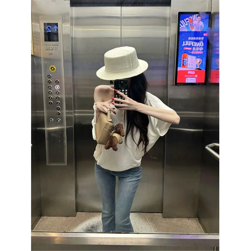 2025夏季新款慵懒松弛感宽松斜肩短袖T恤女设计感显瘦上衣女