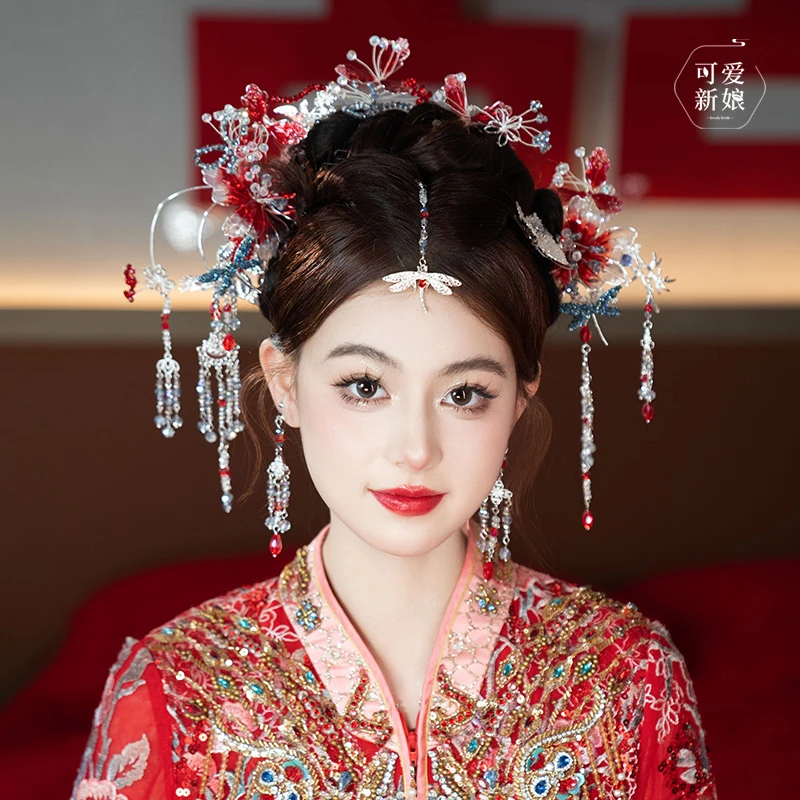 高级感新娘秀禾头饰银红色轻奢花朵发簪中式古典造型发饰RL250457
