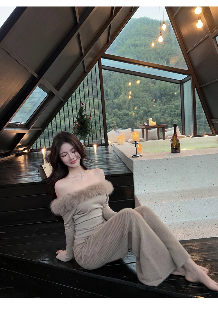 2025冬季新款气质软糯毛毛袖开衫外套女纯欲露肩毛毛上衣+休闲裤