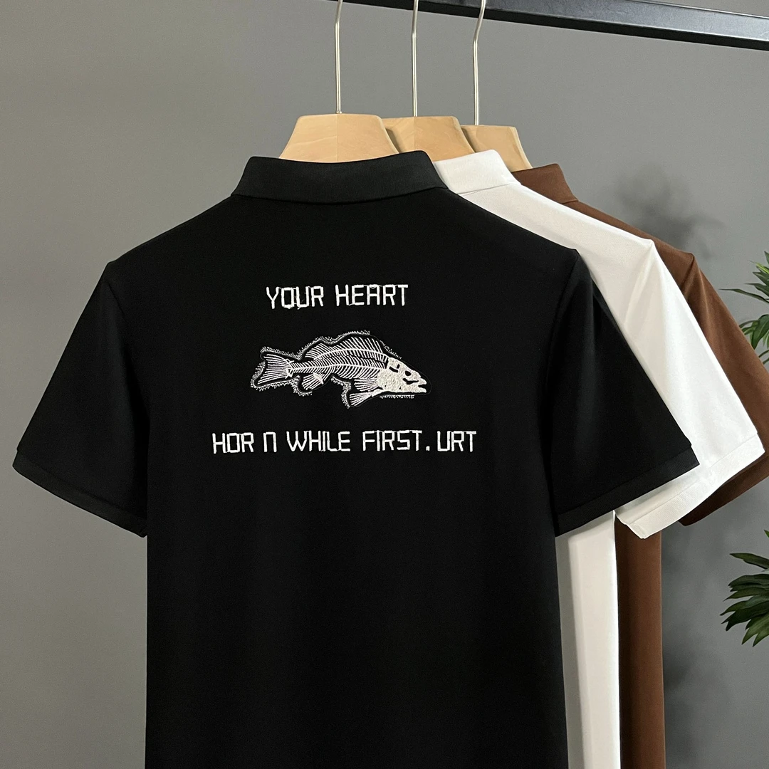 夏季男士短袖复古风Polo衫潮流鱼骨刺绣透气修身百搭翻领25033