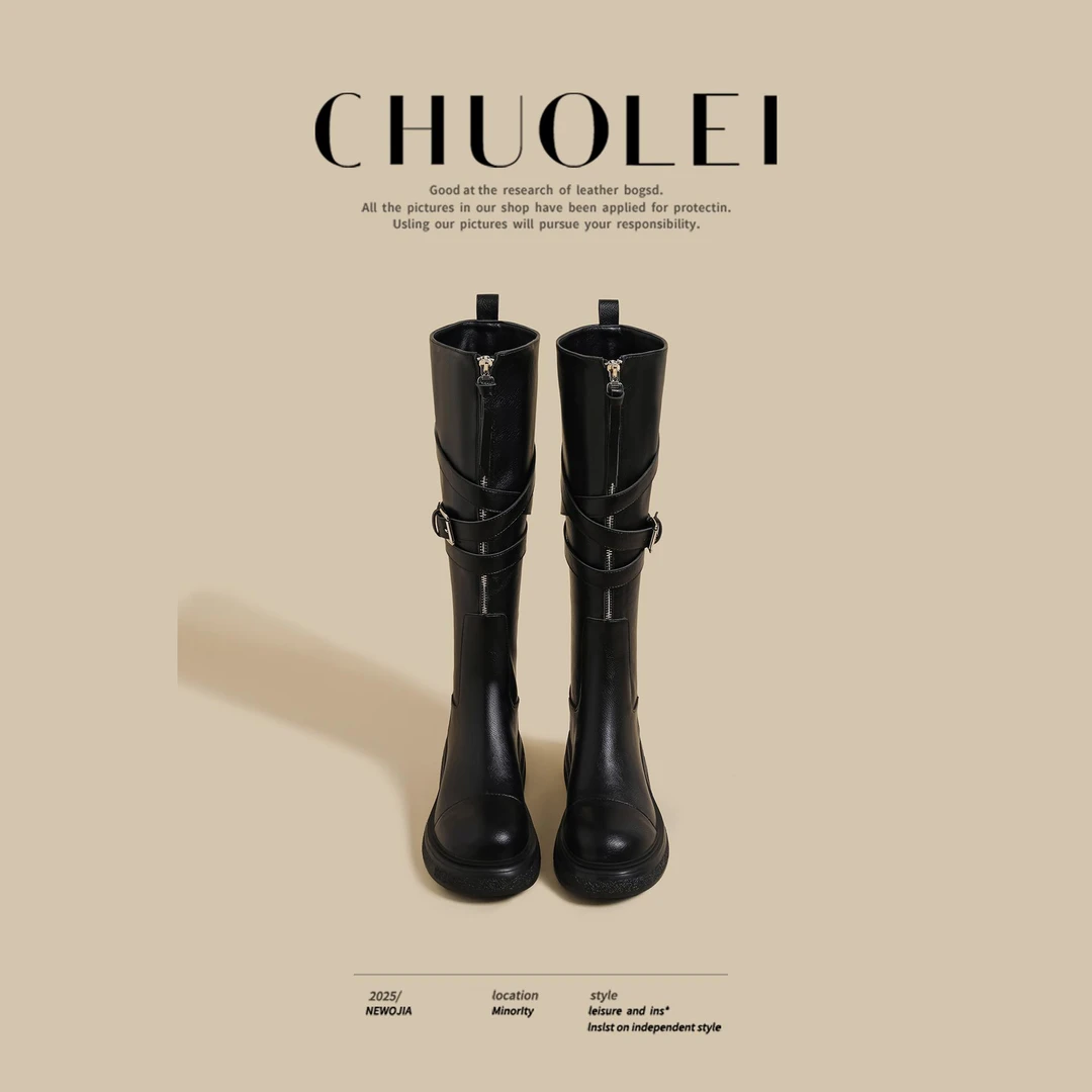 2025秋冬季新款厚底长筒靴女黑色拉链皮带扣瘦瘦靴不过膝骑士长靴