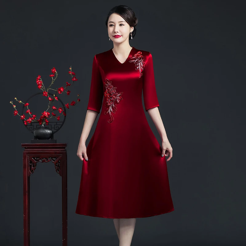 醋酸婚宴装旗袍结婚婚礼长辈衣服妈妈装礼服秋款年轻连衣裙喜服