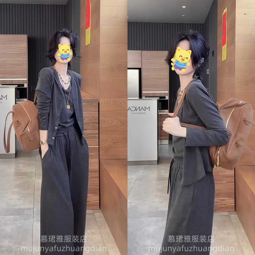 时尚洋气休闲运动套装女春秋季修身减龄开衫背心阔腿裤气质三件套