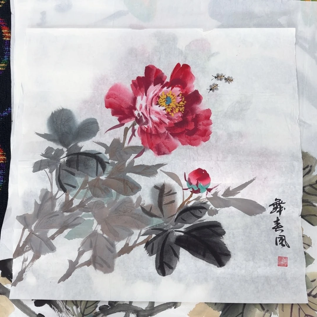 国画斗方花鸟牡丹朱