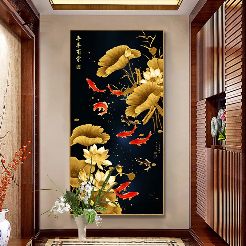 新款竖版玄关九鱼聚福图满钻全贴魔方圆钻石画卧室客厅手工贴钻