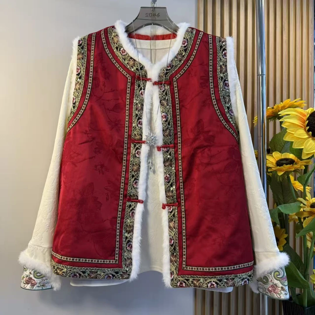 新中式国风刺绣夹棉马甲棉服女装2025冬季新款红色高端毛毛夹棉袄