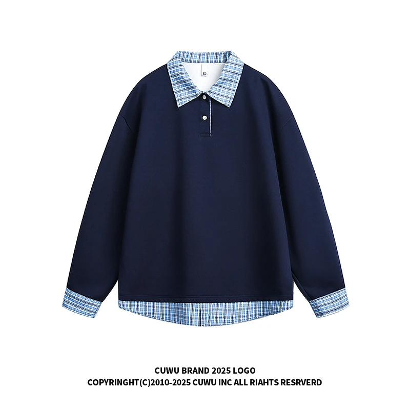 cuwu韩系慵懒风假两件格纹拼接POLO领卫衣女男秋季宽松长袖上衣潮