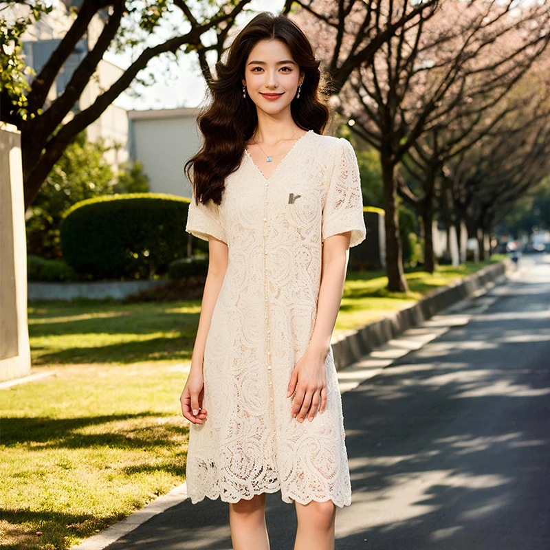 奢姿【许愿精灵】大码女装2025夏季气质蕾丝连衣裙胖妹妹简约V领