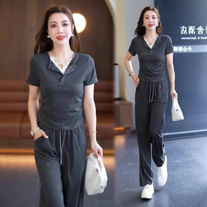 时尚休闲套装女2025夏新款时髦洋气蕾丝拼接短袖上衣休闲裤两件套
