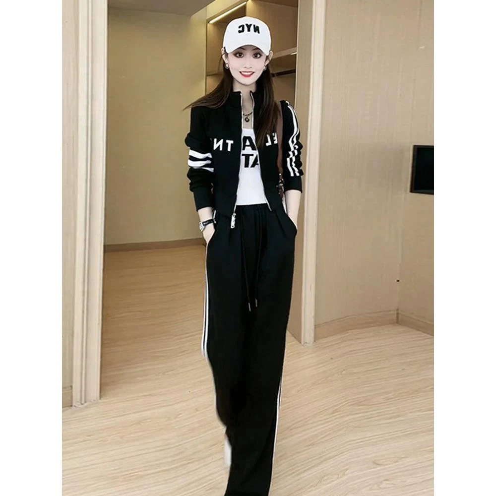 小个子黑色休闲运动套装2024新款女秋冬洋气显瘦卫衣阔腿裤两件套