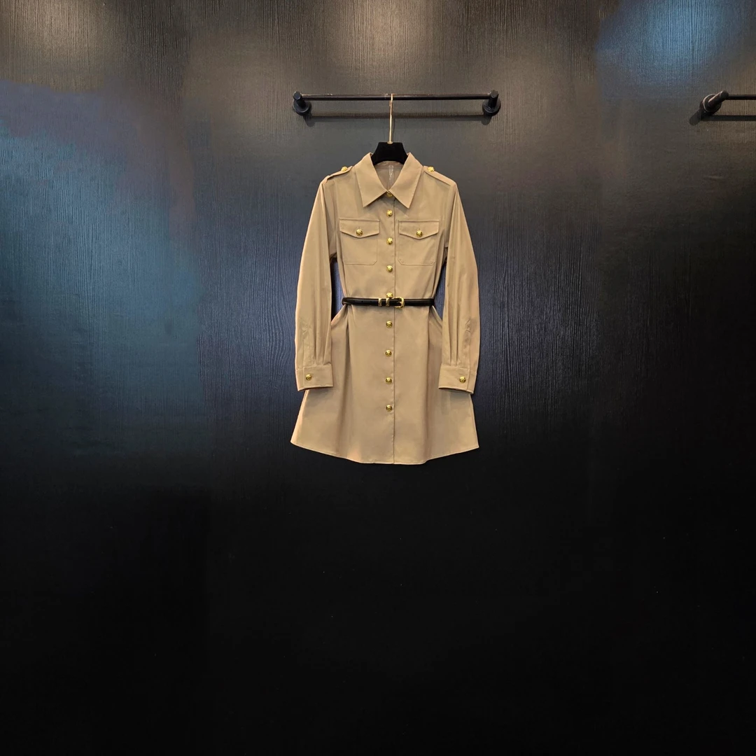 25轻奢高定气质翻领长袖单排扣收腰风衣外套女装连衣裙·V0699