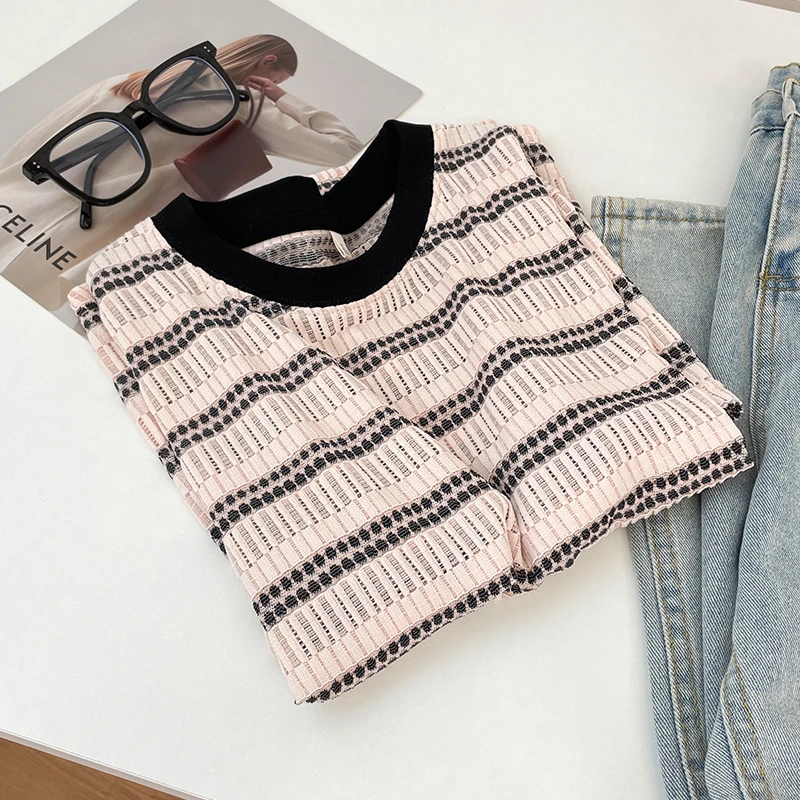 复古镂空条纹T恤衫2025夏季新款宽松百搭短袖女装透气遮肉上衣服