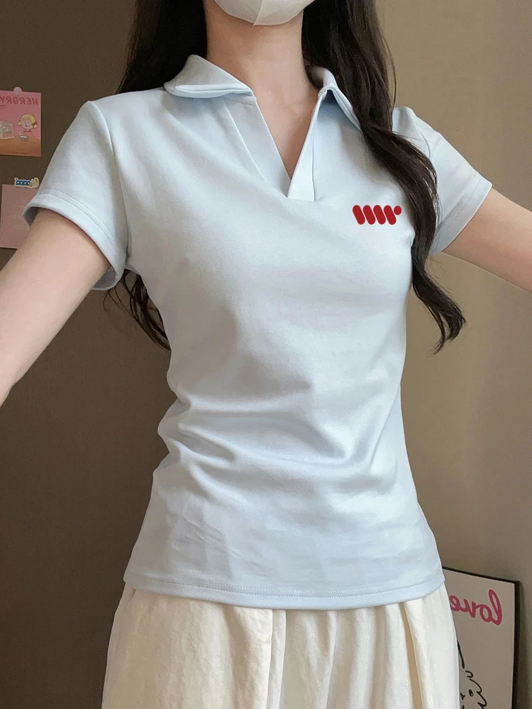 夏日多巴胺穿搭显瘦短款收腰时尚Polo领上衣韩版修身短袖女t恤V领